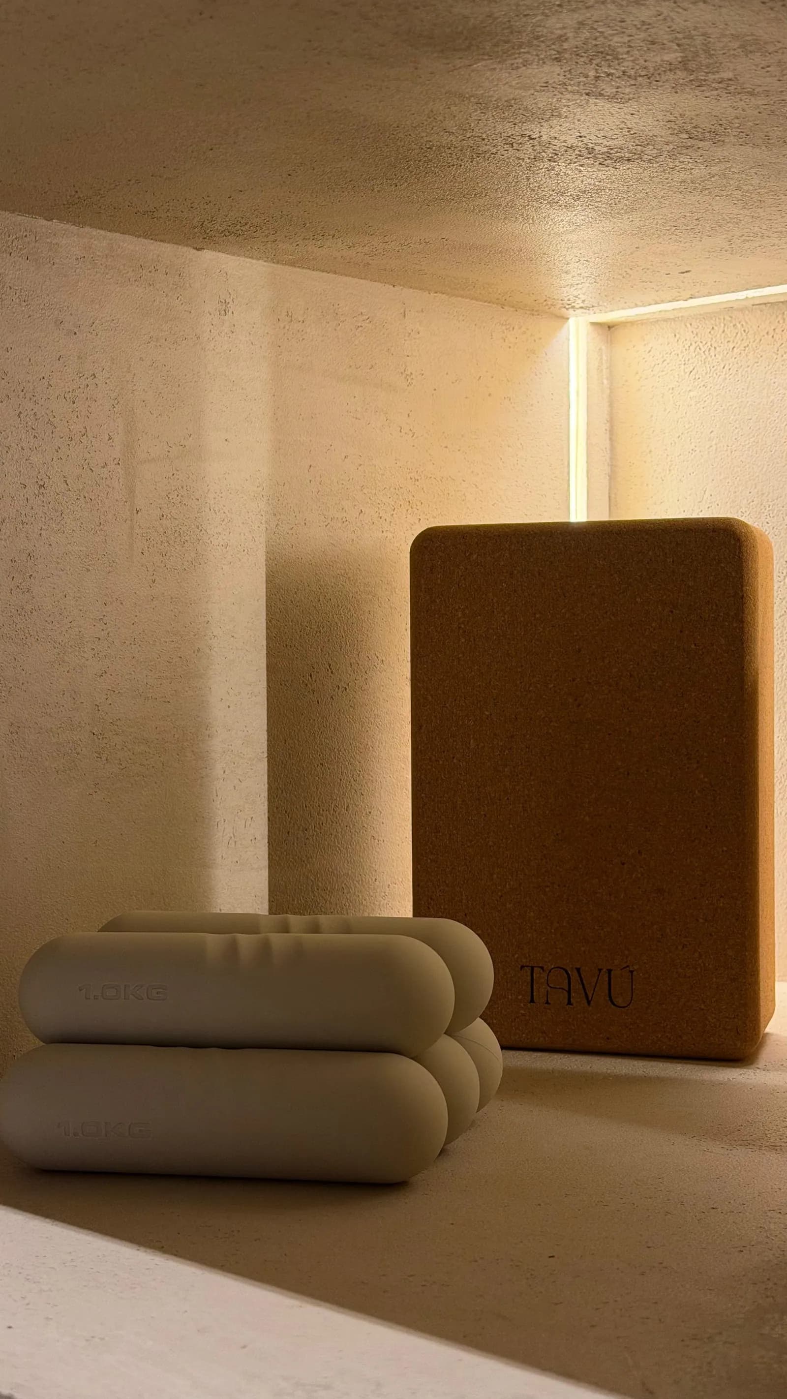 Breathing Room props — TAVÚ cork block and foam rollers
